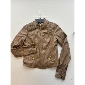 American Culture Faux Leather Moto Jacket Tan Brown Quilted Shoulder Small